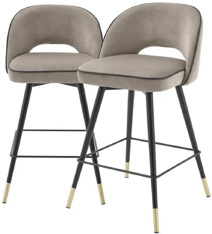 Neuheit Casa Padrino conjunto de sillas de bar de lujo greige / negro / latón 51 x 52 x A. 92,5 cm - Taburetes de bar con asiento giratorio y tela de terciopelo noble - Muebles de Bar de Lujo