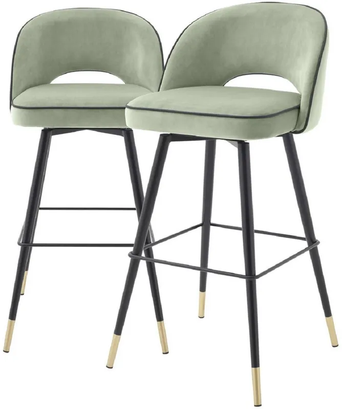 Casa Padrino conjunto de sillas de bar de lujo verde pistacho / negro / latón 51 x 52 x A. 103 cm - Taburetes de bar con asiento giratorio y tela de terciopelo noble - Muebles de Bar de Lujo Highlight