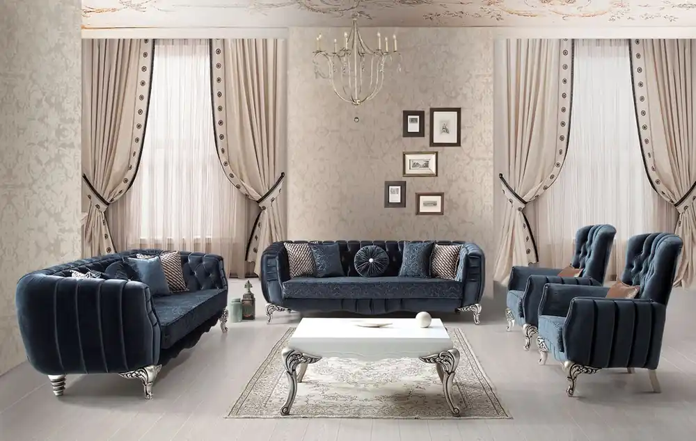 Ausverkauf Casa Padrino conjunto de sala de estar barroco de lujo azul / plata - 2 Sofás y 2 Sillones y 1 Mesa de Centro - Muebles de sala elegantes en estilo barroco