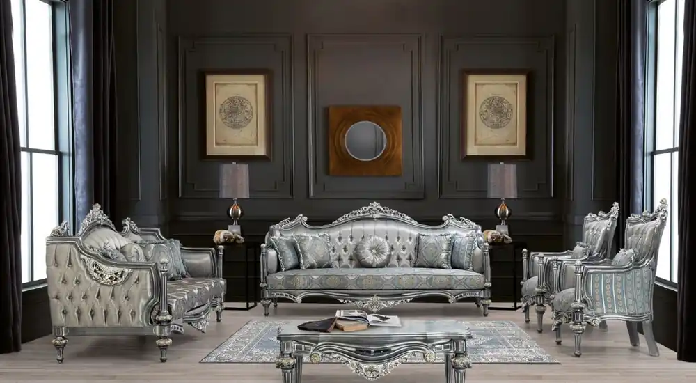Casa Padrino conjunto de sala de estar barroco de lujo plata / turquesa / oro - 2 Sofás y 2 Sillones y 1 Mesa de Centro - Muebles de salón en estilo barroco - Noble y Magnífica Preiswert