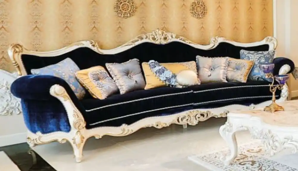 Casa Padrino sofá de salón barroco de lujo azul oscuro / blanco / oro 300 x 98 x A. 120 cm - Sofá en estilo barroco magnífico - Muebles de salón barrocos nobles Nur Für Kurze Zeit
