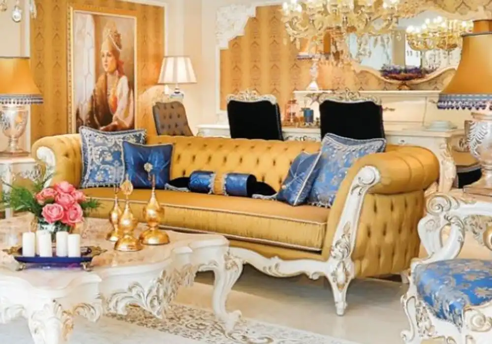 Casa Padrino sofá de salón barroco Chesterfield de lujo oro / blanco / oro 300 x 110 x A. 80 cm - Sofá en estilo barroco magnífico - Muebles de salón barrocos nobles Neu Im Sortiment