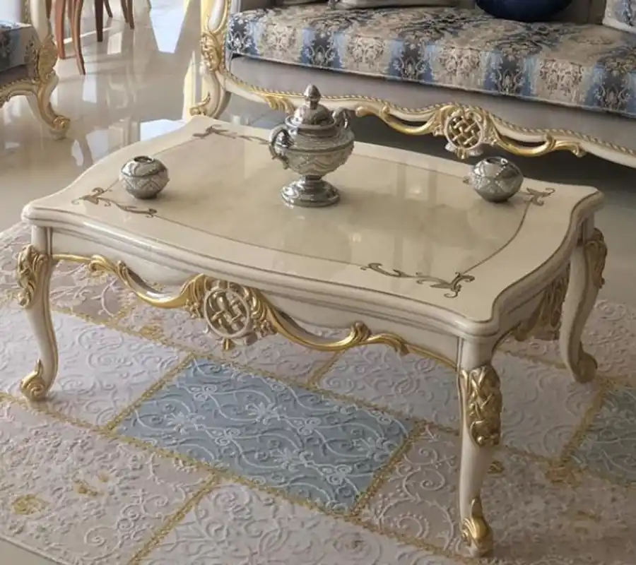 Echt Casa Padrino mesa de centro barroco de lujo blanco / oro 118 x 87 x A. 50 cm - Mesa de salón de madera maciza - Muebles de Estilo Barroco
