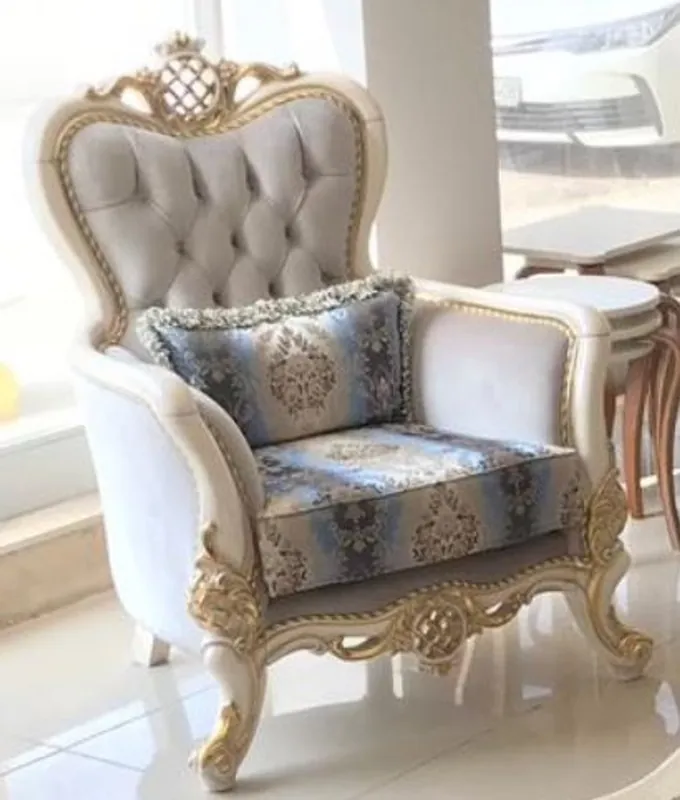 Schnäppchen Casa Padrino sillón barroco de lujo gris / azul / blanco / oro 93 x 73 x A. 120 cm - Magnífica sillón de salón de madera maciza con patrón elegante y cojín decorativa - Muebles de salón barrocos
