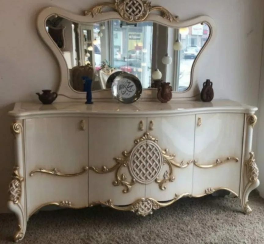 Markenware Casa Padrino conjunto de muebles barrocos de lujo aparador con espejo blanco / oro 215 x 60 x A. 105 cm - Magnífico mueble de madera maciza con 4 puertas y elegante espejo de pared - Muebles barroco