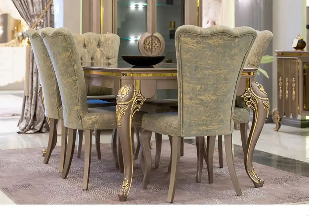 Casa Padrino conjunto de comedor barroco de lujo verde / oro / gris - 1 Mesa de Comedor y 6 Sillas de Comedor - Muebles de comedor magnífico en estilo barroco - Calidad de Lujo Nur Heute