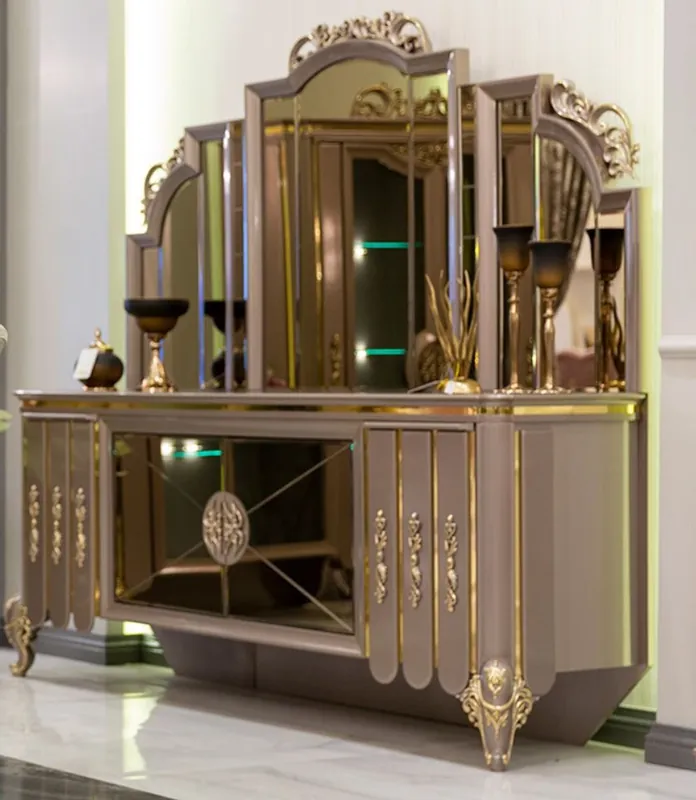 Echt Casa Padrino conjunto de muebles barrocos de lujo aparador con espejo negro / gris / oro 214 x 88 x A. 192 cm - Magnífico mueble de madera maciza y elegante espejo - Muebles barroco