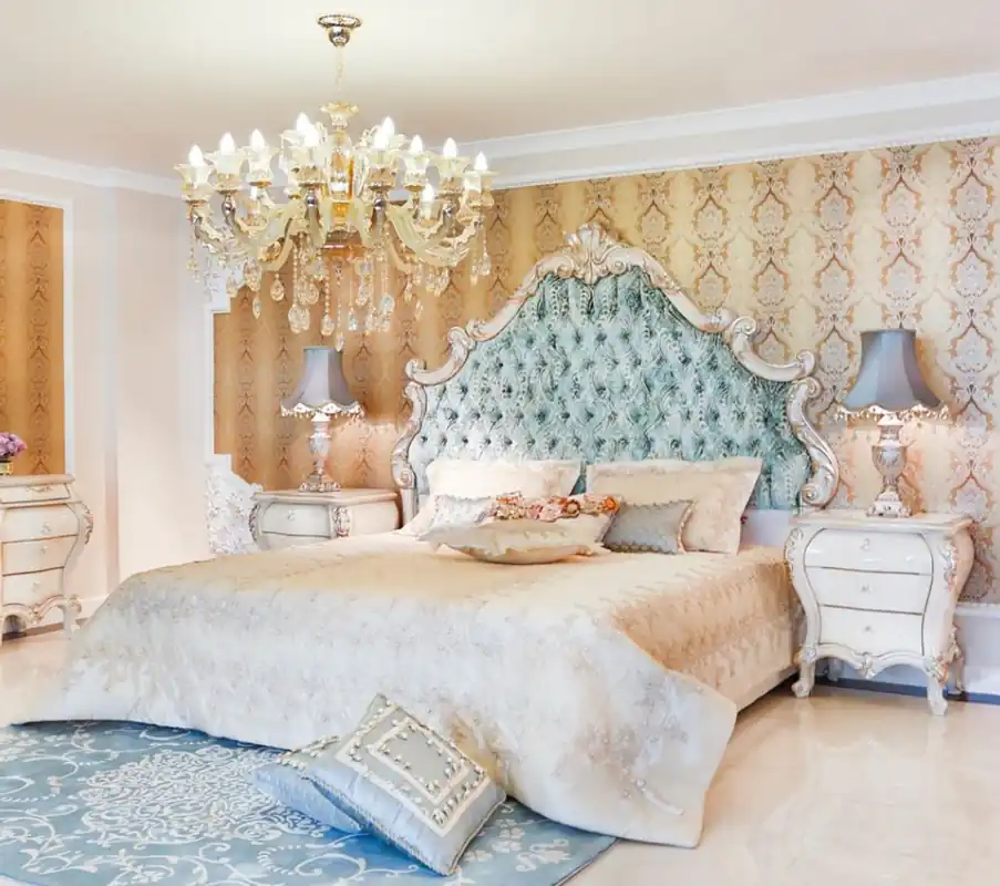 Casa Padrino conjunto de dormitorio barroco de lujo verde / crema / oro - 1 Cama Doble con Cabecero y 2 Mesitas de Noche - Muebles de dormitorio barrocos - Noble & Magnífica Letzte Chance