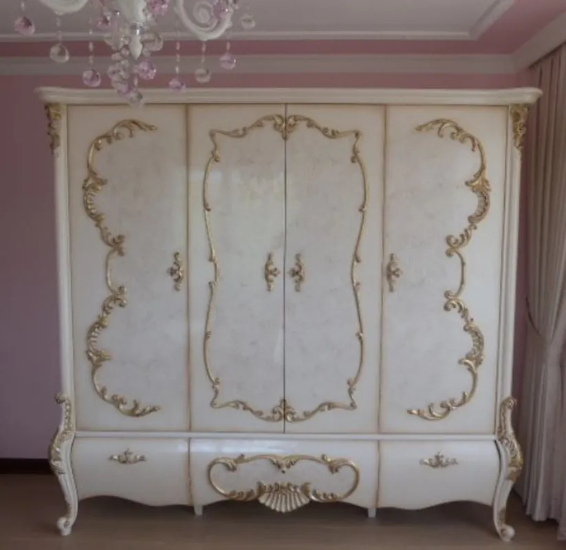 Casa Padrino armario de dormitorio barroco de lujo blanco / crema / oro 320 x 70 x A. 250 cm - Armario de madera noble - Muebles de dormitorio en estilo barroco - Calidad de Lujo Letzte Chance