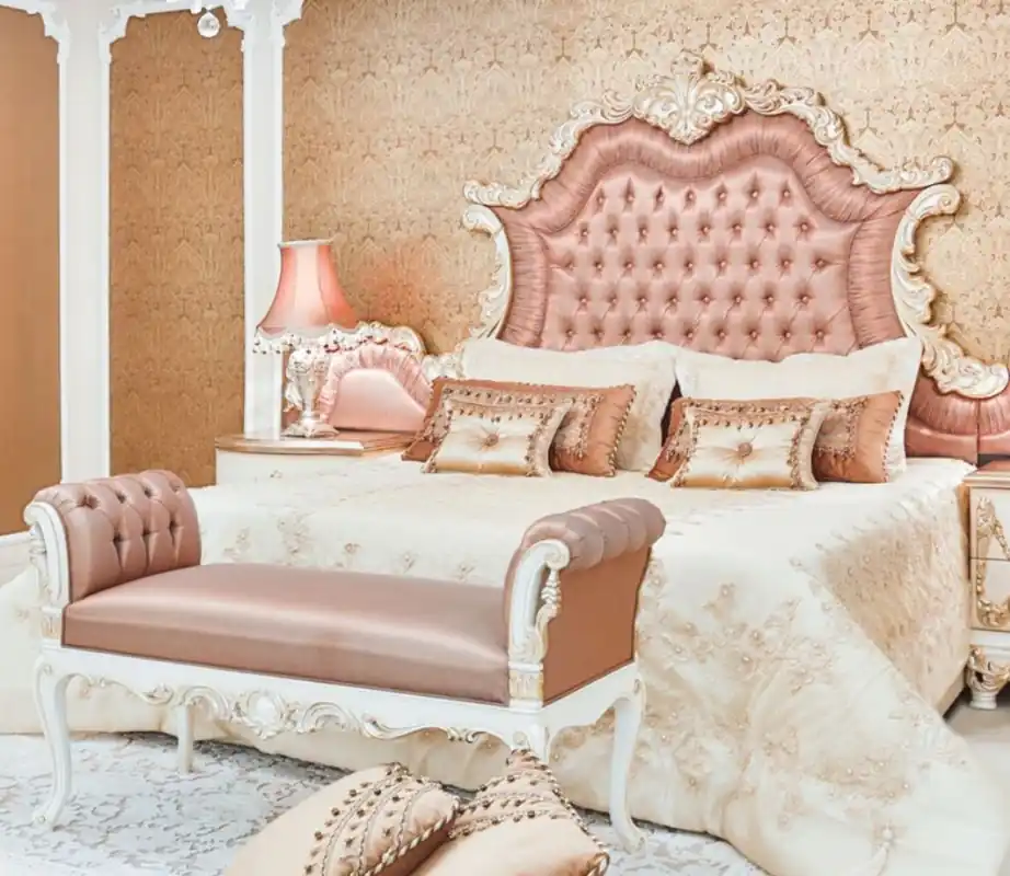 Casa Padrino cama doble barroco de lujo rosa / blanco / crema / cobre 200 x 200 x A. 200 cm - Cama noble de madera maciza con cabecera - Magnífica muebles de dormitorio de estilo barroco Versand Am Gleichen Tag