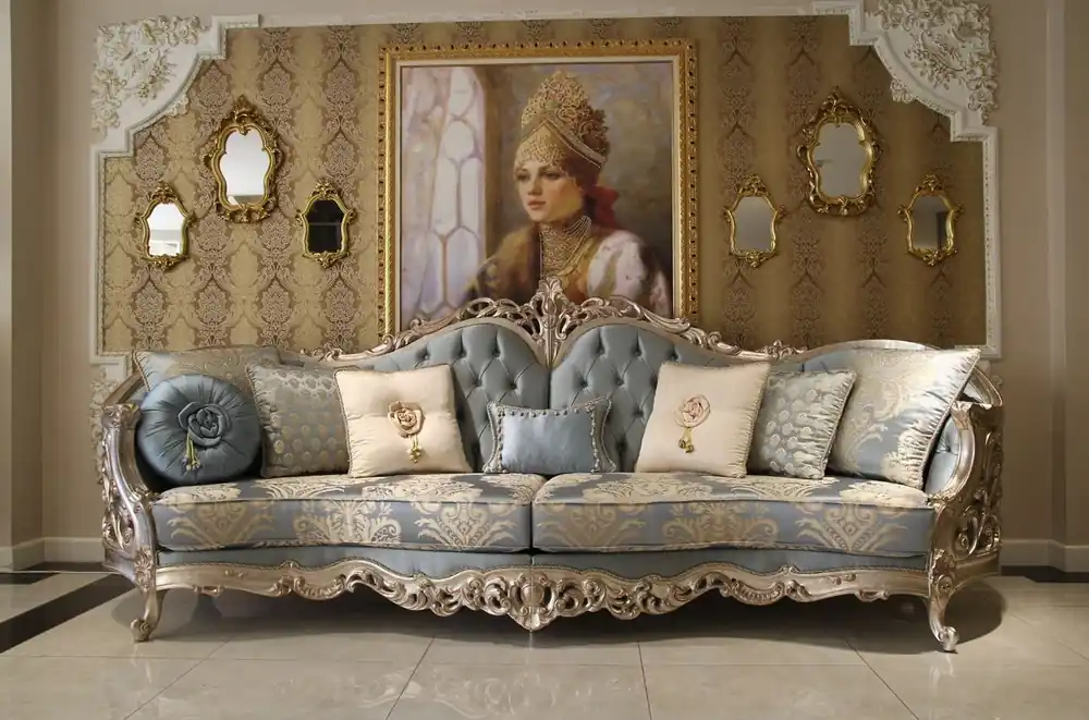 Casa Padrino sofá de salón barroco de lujo azul claro / beige / plata 295 x 95 x A. 115 cm - Sofá en estilo barroco magnífico - Muebles de salón barrocos nobles Sonderaktion