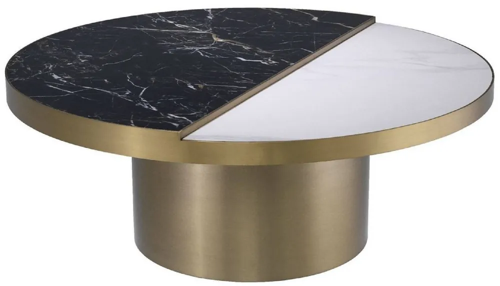 Casa Padrino mesa de centro de lujo negro / blanco / latón Ø 89 x A. 55,5 cm - Mesa de salón redonda de acero inoxidable con 2 placas de cerámica semicirculares - Muebles de salón - Muebles de Lujo Sofort Bestellen