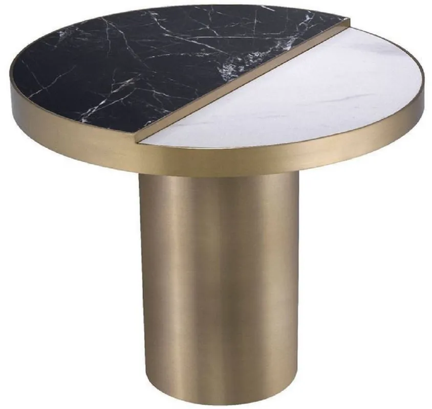 Direktkauf Casa Padrino mesa auxiliar de lujo negro / blanco / latón Ø 55 x A. 55,5 cm - Mesa redonda de acero inoxidable con 2 placas de cerámica semicirculares - Muebles de salón - Muebles de Lujo