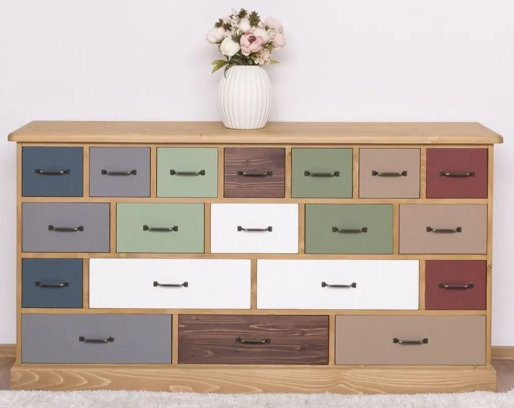 Casa Padrino cómoda de estilo campestre marrón claro / multicolor 180 x 48 x A. 95 cm - Armario de madera maciza con 19 cajones - Muebles de estilo campestre Billig