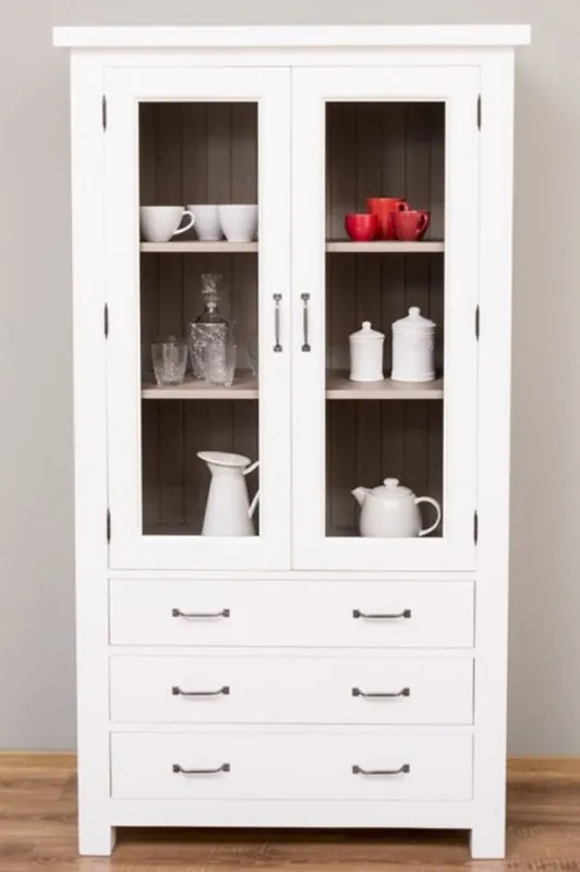 Casa Padrino armario de cocina de estilo campestre blanco / gris 100 x 50 x A. 180 cm - Vitrina de madera maciza con 2 puertas de vidrio y 3 cajones - Muebles de cocina de estilo campestre Schnäppchen