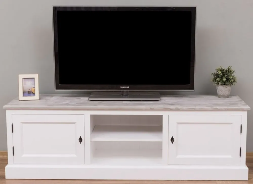 Casa Padrino armario de TV de estilo campestre blanco / gris 180 x 46 x A. 56 cm - Armario de televisión de madera maciza con 2 puertas - Muebles de salón de estilo campestre Versand Am Gleichen Tag