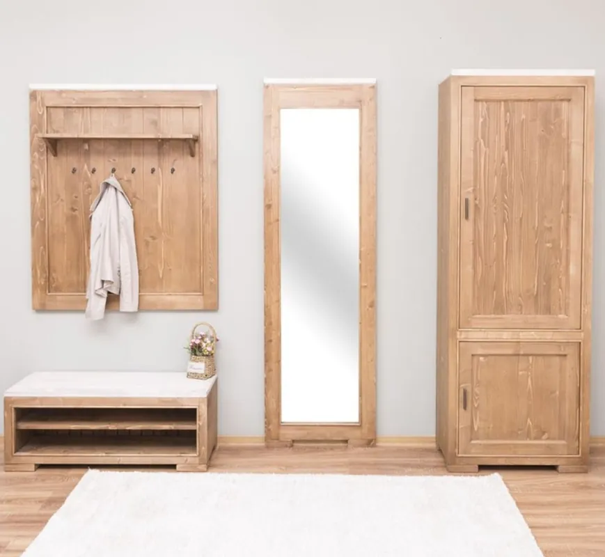 Sichere Zahlung Casa Padrino conjunto de muebles de guardarropa de madera maciza de estilo campestre natural / blanco - 1 Guardarropa 1 Armario de Zapatos 1 Espejo de Pared y 1 Armario - Muebles de Estilo Campestre