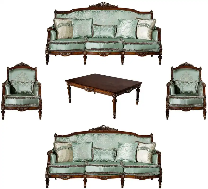 Casa Padrino conjunto de sala de estar barroco de lujo verde claro / marrón - 2 Sofás y 2 Sillones y 1 Mesa de Centro - Muebles de sala magnífica en estilo barroco Solange Der Vorrat Reicht