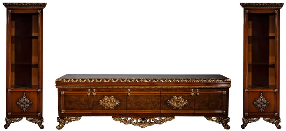 Casa Padrino conjunto de muebles barrocos de lujo marrón / oro - Armario de TV de madera maciza noble con 2 vitrinas - Muebles de salón barrocos Sonderangebot