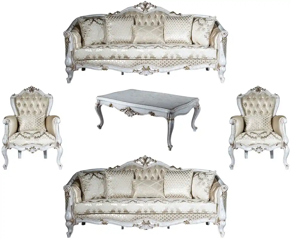 Casa Padrino conjunto de sala de estar barroco de lujo oro patrón / blanco antiguo / oro - 2 Sofás y 2 Sillones y 1 Mesa de Centro - Muebles de salón en estilo barroco - Noble y Magnífica Ausverkauf