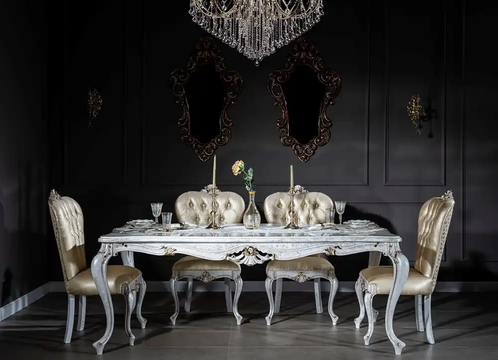 Casa Padrino conjunto de comedor barroco de lujo oro / blanco antiguo - 1 Mesa de Comedor y 6 Sillas de Comedor - Muebles de comedor en estilo barroco - Noble y Magnífico Bestseller