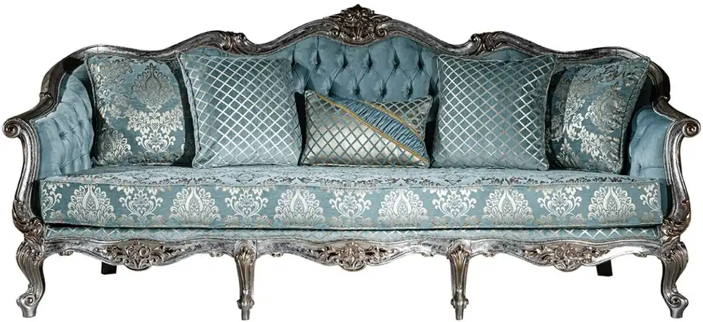 Wochenendangebot Casa Padrino sofá barroco de lujo azul claro / plata / oro 238 x 85 x A. 106 cm - Sofá de salón con patrón elegante y cojines decorativos - Mobiliario de salón barroco