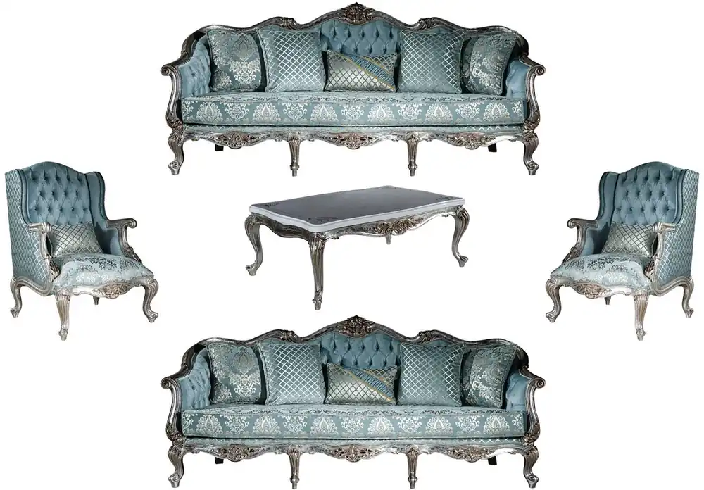 Sonderaktion Casa Padrino conjunto de sala de estar barroco de lujo azul claro / plata - 2 Sofás y 2 Sillones y 1 Mesa de Centro - Muebles de salón en estilo barroco magnífica