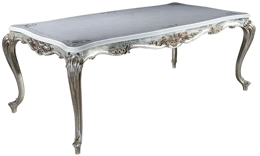 Casa Padrino mesa de comedor barroco de lujo blanco / plata / oro 207 x 112 x A. 82 cm - Mesa de comedor de madera maciza - Muebles de comedor barroco noble Angebot