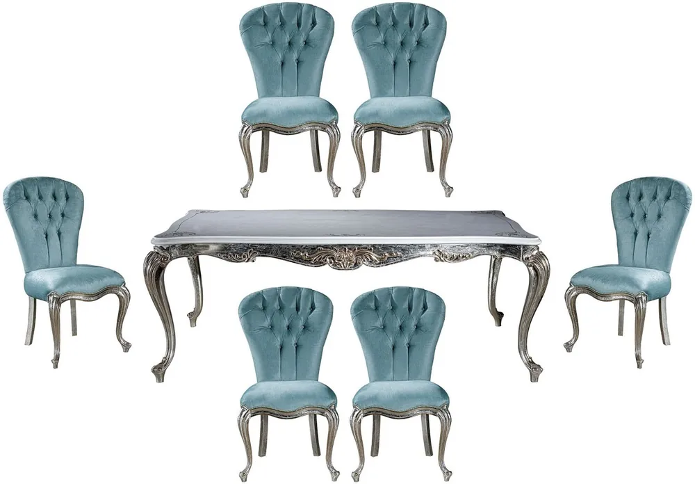 Casa Padrino conjunto de comedor barroco de lujo azul claro / plata - 1 Mesa de Comedor y 6 Sillas de Comedor - Muebles de comedor barrocos - Noble y Magnífico Preisknaller