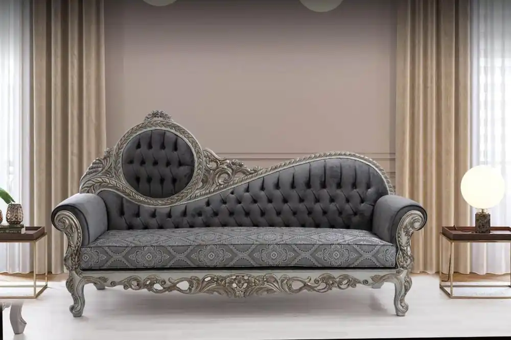 Casa Padrino sofá barroco de lujo gris / azul / plata / bronce 230 x 90 x A. 135 cm - Magnífica sofá de salón de madera maciza con patrón elegante y cojines decorativos - Muebles de salón barrocos Preiswert