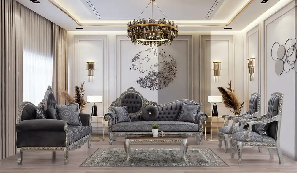 Casa Padrino conjunto de sala de estar barroco de lujo gris / azul / plata / bronce - 2 Sofás y 2 Sillones y 1 Mesa de Centro - Muebles de salón en estilo barroco magnífica Neu Im Sortiment