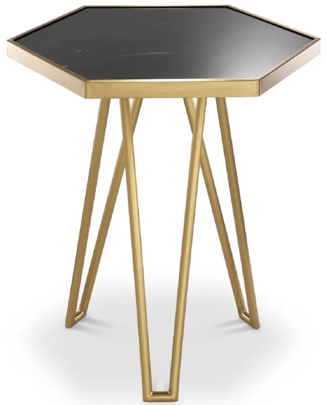 Casa Padrino mesa auxiliar de lujo latón / negro 50 x 43 x A. 54,5 cm - Mesa hexagonal moderna de acero inoxidable con tapa de mármol - Muebles de salón - Muebles de Lujo Markenware