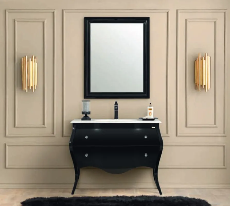 Solange Der Vorrat Reicht Casa Padrino conjunto de baño barroco de lujo negro / blanco - 1 Mesa de Lavado y 1 Lavabo y 1 Espejo de Pared - Mueble de baño en estilo barroco