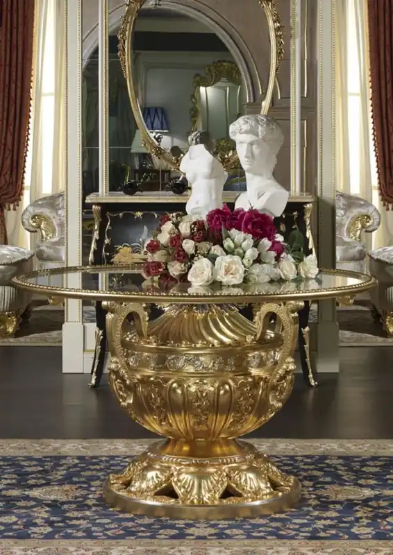 Echt Casa Padrino mesa de comedor barroco de lujo oro / plata Ø 120 x A. 78 cm - Mesa de comedor tallada a mano con tapa de vidrio - Muebles de castillo de restaurante de hotel - Calidad de Lujo