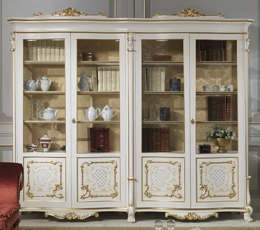 Rabatt Casa Padrino vitrina barroco de lujo blanco / crema / beige / oro 276 x 60 x A. 230 cm - Vitrina noble de madera maciza con 4 puertas - Muebles de salón barrocos - Calidad de Lujo