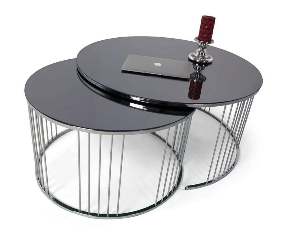 Zertifiziert Casa Padrino conjunto de mesa de centro de lujo plata / negro - 2 Mesas de salón redondas con tapa de vidrio - Muebles de salón - Colección de Lujo