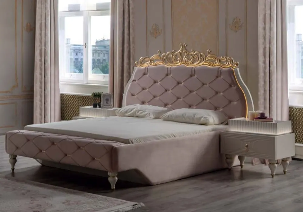 Nur Für Kurze Zeit Casa Padrino cama doble barroco de lujo rosa / crema / oro 204 x 233 x A. 149 cm - Cama noble de madera maciza con cabecera - Magnífica muebles de dormitorio de estilo barroco