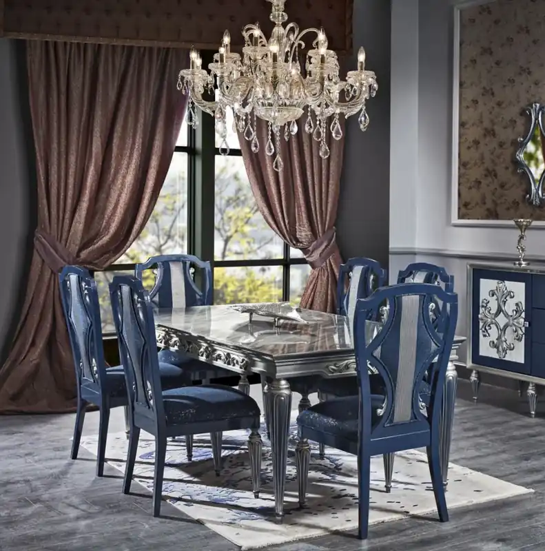 Sale Casa Padrino conjunto de sillas de comedor barroco de lujo azul / plata 54 x 53 x A. 109 cm - Conjunto de sillas de cocina nobles de 6 - Muebles de comedor barrocos