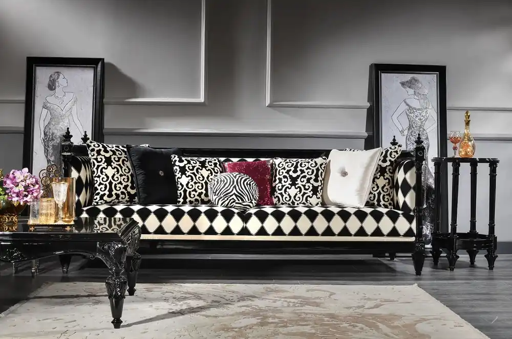 Must-Have Casa Padrino sofá barroco de lujo blanco / negro 240 x 96 x A. 83 cm - Sofá de salón con patrón elegante - Noble y Magnífico