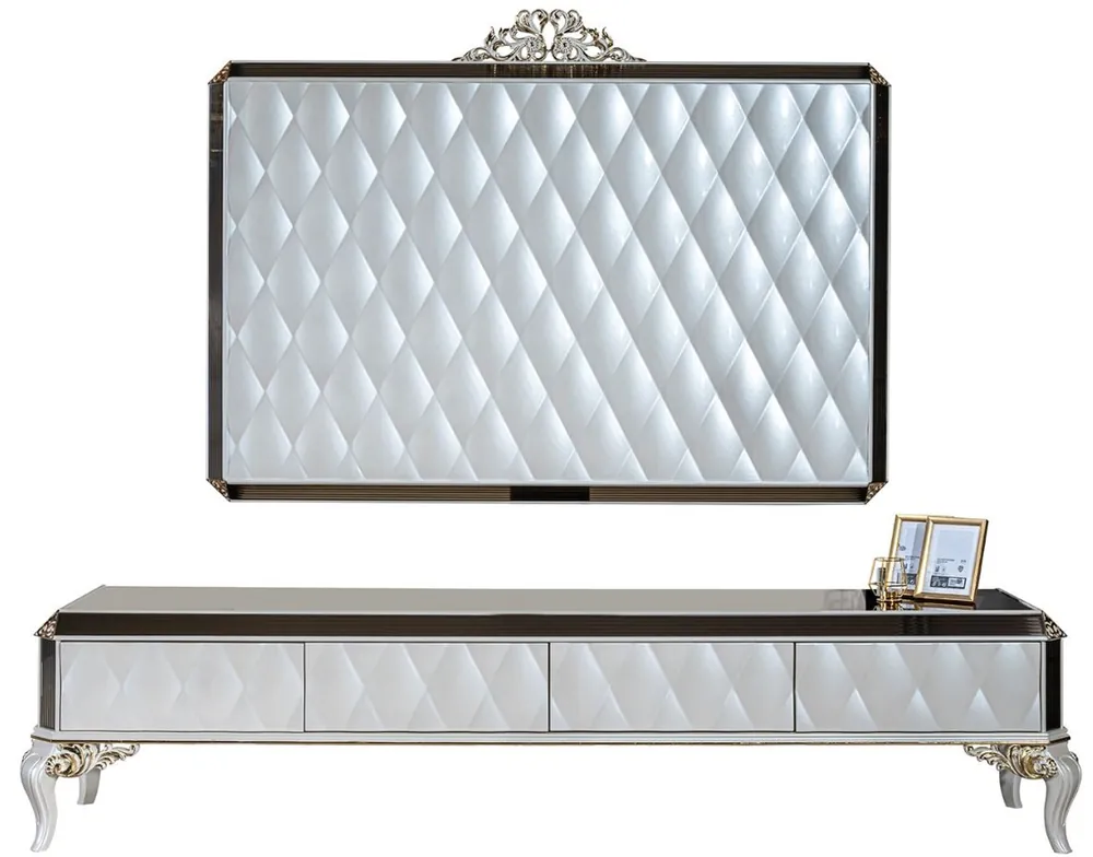 Casa Padrino gabinete de TV barroco de lujo blanco / oro / negro 235 x 52 x A. 54 cm - Aparador de madera maciza noble con pared de TV - Gabinete de sala de estar - Muebles de salón en estilo barroco Ausverkauf
