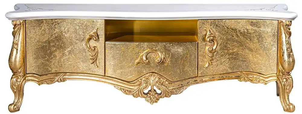 Neue Kollektion Casa Padrino gabinete TV barroco de lujo blanco / oro 176 x 48 x A. 61 cm - Magnífico mueble de TV con 2 puertas y cajón - Muebles de salón barrocos