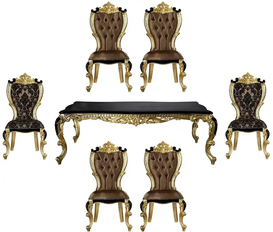 Top-Preis Casa Padrino conjunto de comedor barroco de lujo marrón / negro / oro - 1 Mesa de Comedor y 6 Sillas de Comedor - Muebles de comedor de estilo barroco magnífico