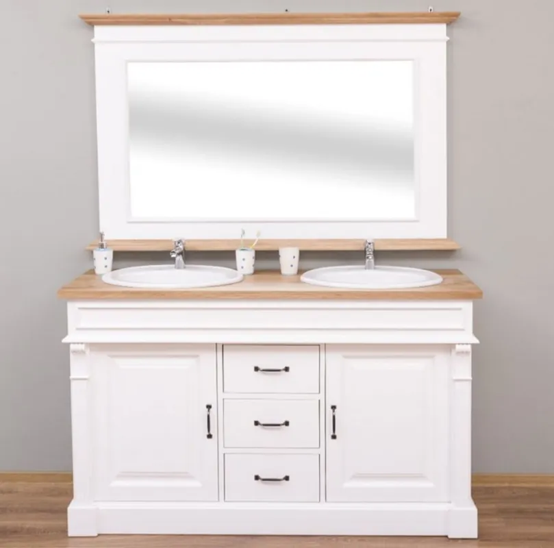 Casa Padrino Conjunto de Baño de Estilo Campestre Blanco / Natural - 1 Gabinete del Fregadero Doble y 1 Espejo de Pared - Muebles de Baño de Madera Maciza en Estilo Campestre Billig