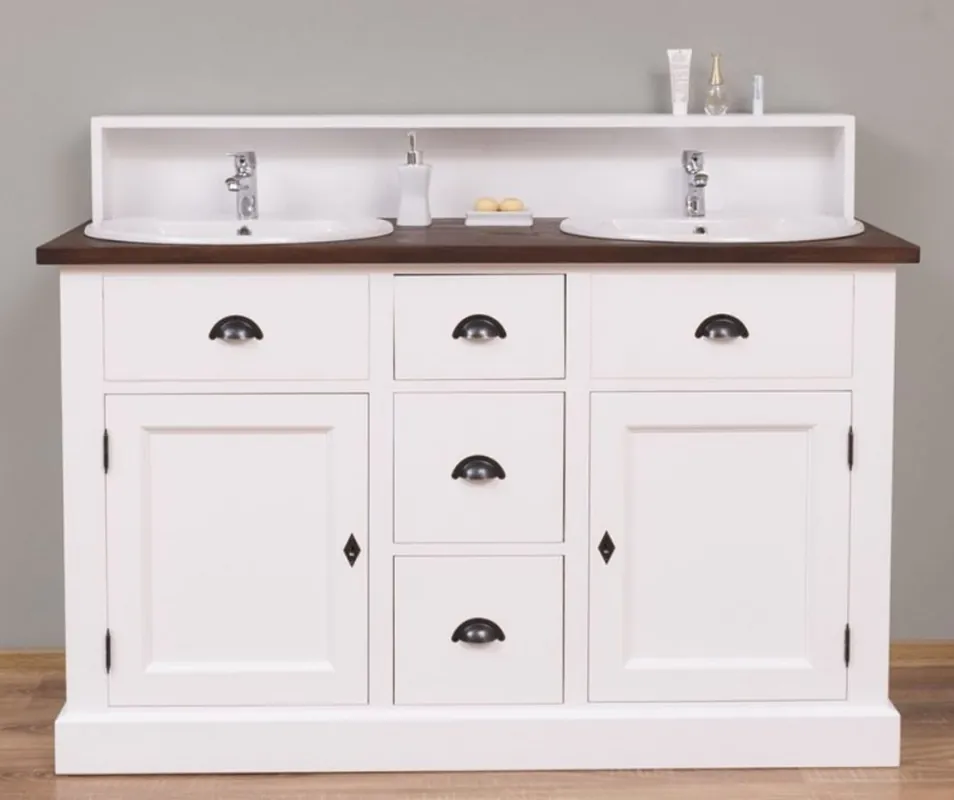 Casa Padrino armario de lavabo doble de estilo campestre blanco / marrón oscuro 147 x 51 x A. 110 cm - Armario de lavabo de madera maciza - Muebles de baño de estilo campestre Solange Der Vorrat Reicht