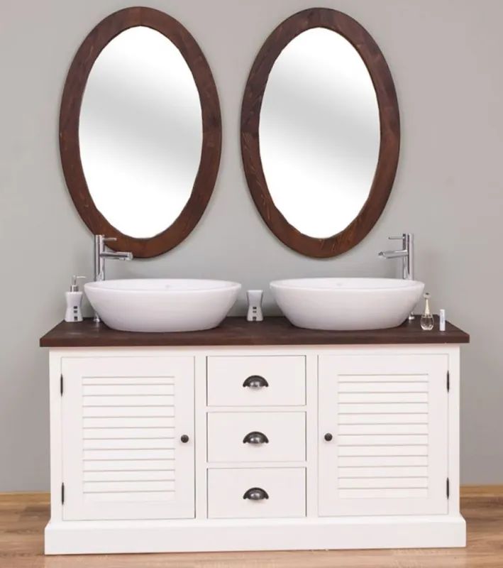 Markenprodukt Casa Padrino Conjunto de Baño de Estilo Campestre Blanco / Marrón Oscuro - 1 Gabinete del Fregadero Doble y 2 Espejos de Pared - Muebles de Baño de Madera Maciza en Estilo Campestre