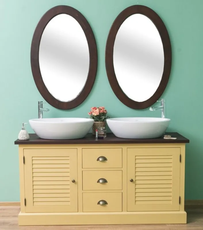 Casa Padrino Conjunto de Baño de Estilo Campestre Amarillo / Marrón Oscuro - 1 Gabinete del Fregadero Doble y 2 Espejos de Pared - Muebles de Baño de Madera Maciza en Estilo Campestre Begrenztes Angebot