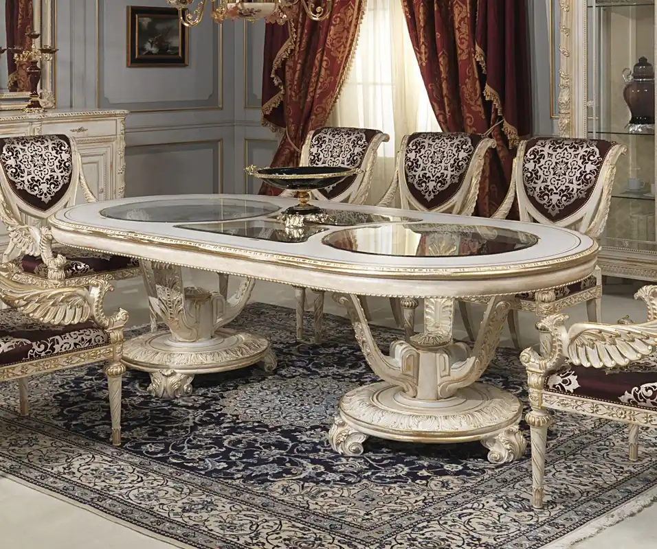 Casa Padrino mesa de comedor barroco de lujo blanco / oro - Varios Tamaños - Magnífica mesa de comedor de madera maciza con tapas de vidrio - Muebles de castillo de restaurante de hotel - Calidad de Lujo Preis Gesenkt