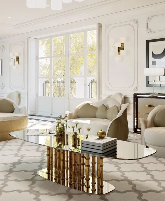 Casa Padrino mesa de centro de diseño de lujo bambú oro 180 x 80 x A. 57 cm - Mesa de salón con tapa de vidrio ovalada - Muebles de Salón - Muebles de Hotel - Calidad de Lujo Neu