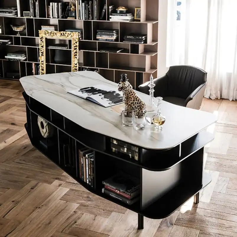Jetzt Kaufen Casa Padrino escritorio de lujo con placa de cerámica negro / blanco-oro 235 x 99 x A. 75 cm - Mesa de Oficina - Mesa de Computadora - Muebles de Oficina de Lujo