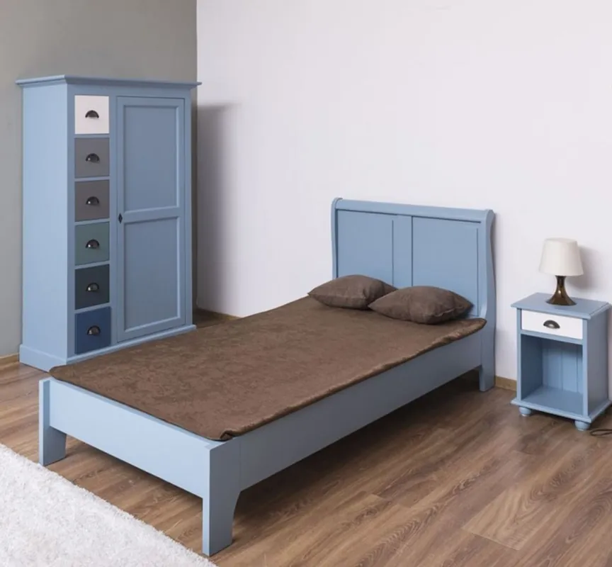 Günstig Casa Padrino conjunto de muebles para habitación infantil de estilo campestre azul claro / blanco / multicolor - 1 Cama Individual y 1 Guardarropa y 1 Mesita de Noche - Muebles estilo campestre